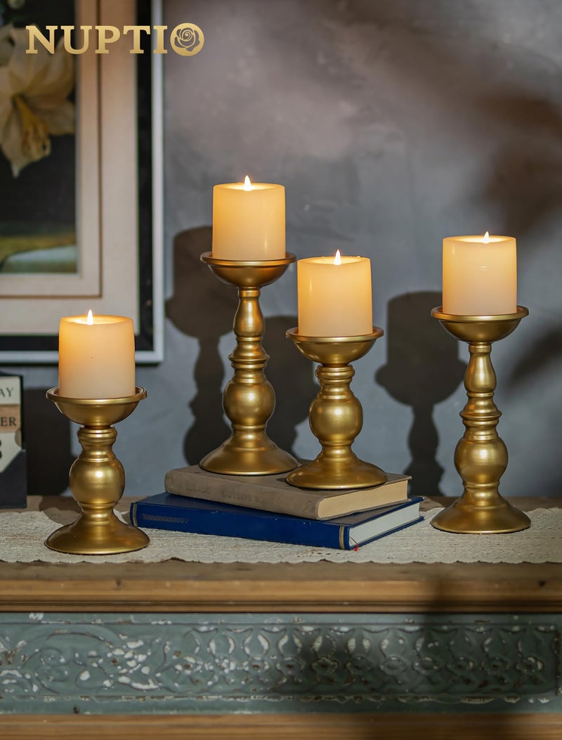 NUPTIO 2 Pcs Gold Pillar Candle Holders, Gold Candlestick Most Ideal for 3" Pillar Candles, Gifts for Wedding, Party, Home, Spa, Reiki, Votive Candle (2 x L) - Image 4